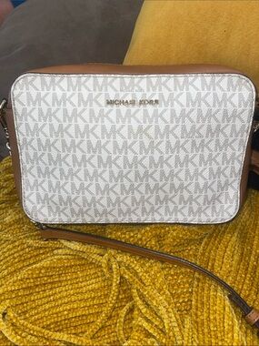 Michael Kors Cream and Brown Logo Crossbody Camera Bag